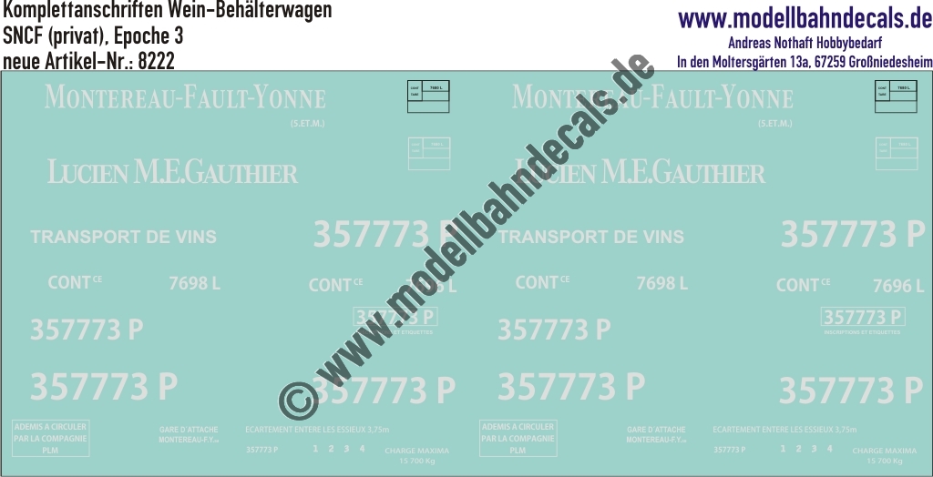 "Nass-Schiebebilder: Güterwagen-Komplettbeschriftung Wein-Behälterwagen SNCF, Epoche 3. Artikel-Nummer: 8222"