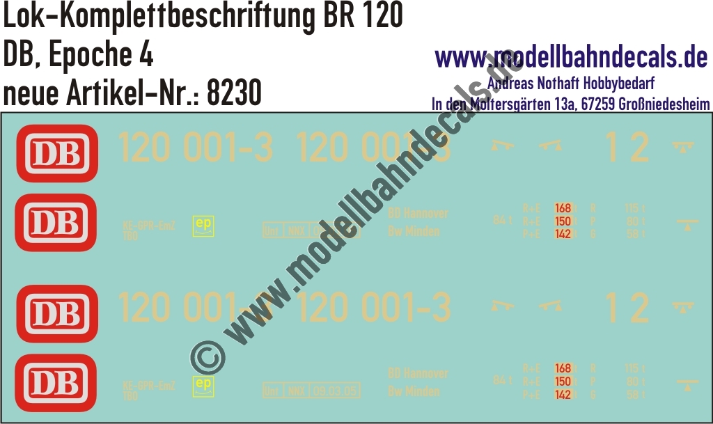 "Nass-Schiebebilder: Lok-Komplettbeschriftung BR 120, DB, Epoche 4. Artikel-Nummer: 8230"