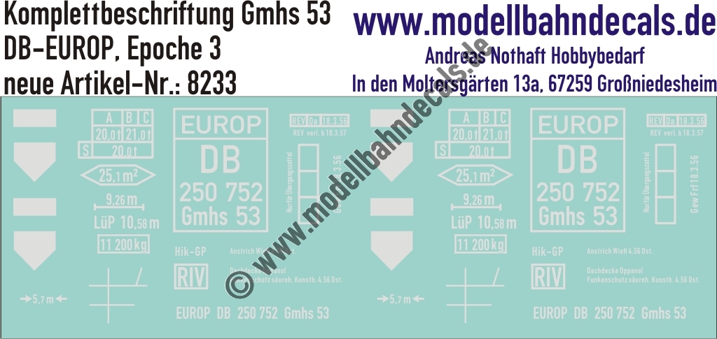 "Nass-Schiebebilder: Güterwagen-Komplettbeschriftung Gmhs 53, DB-EUROP, Epoche 3. Artikel-Nummer: 8233"