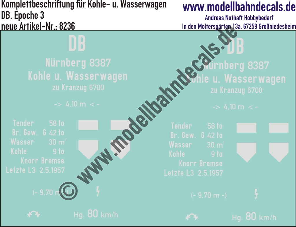 Nass-Schiebebilder: Komplettbeschriftung für einen Kohle- und Wasserwagen zu Kranzug 6700, DB, Epoche 3. Artikel-Nummer: 8236