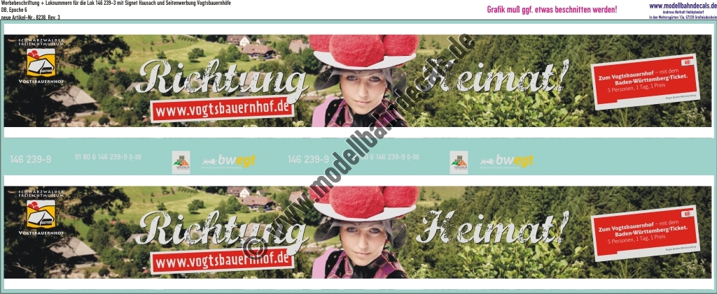 Nass-Schiebebilder: Werbebeschriftung + Loknummern für die Lok 146 239-9 mit Signet Hausach und Seitenwerbung Vogtsba. Artikel-Nummer: 8238