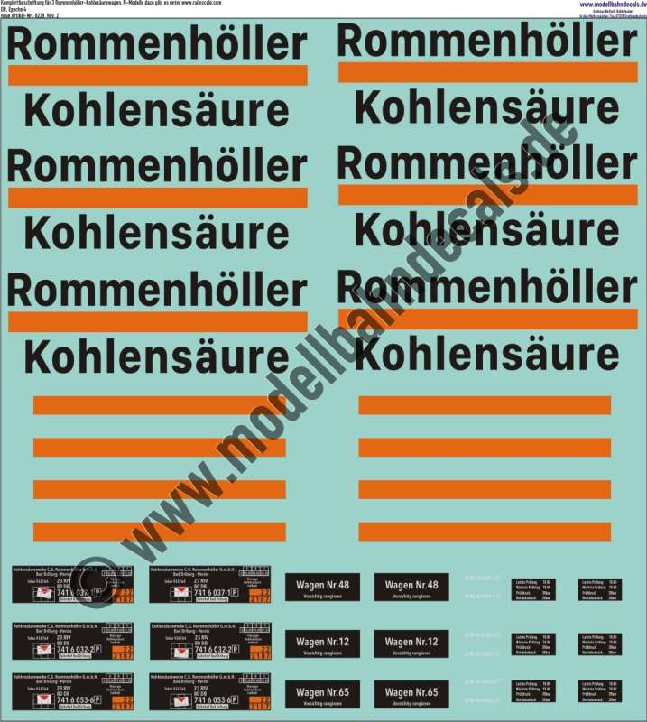 "Nass-Schiebebilder: Güterwagen-Komplettbeschriftug für 3 Kohlensäure-Wagen der Firma Rommenhöller, eingestellt bei de. Artikel-Nummer: 8239"