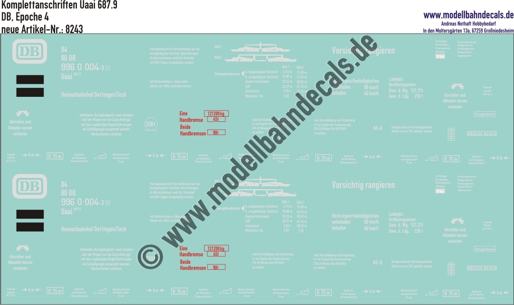 "Nass-Schiebebilder: Güterwagen-Komplettbeschriftung für Uaai 687.9, DB, Epoche 4. Artikel-Nummer: 8243"