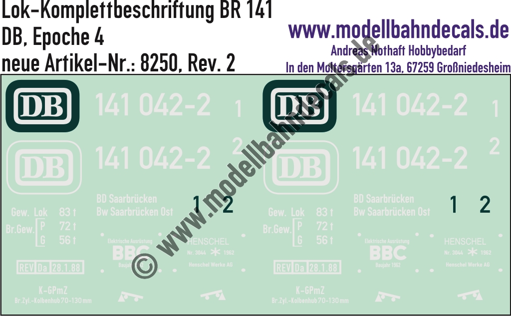 "Nass-Schiebebilder: Lok-Komplettbeschriftung BR 141, DB, Epoche 4. Artikel-Nummer: 8250"