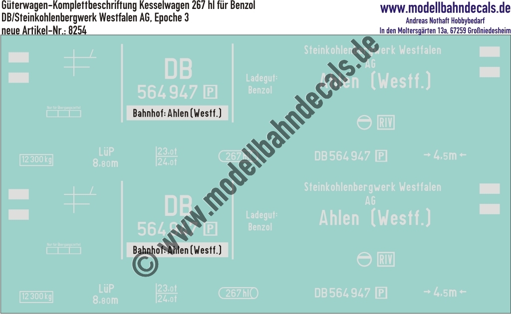 "Nass-Schiebebilder: Güterwagen-Komplettbeschriftung Kesselwagen 267 hl, DB/Steinkohlenbergwerk Westfalen AG, Epoche 3. Artikel-Nummer: 8254"