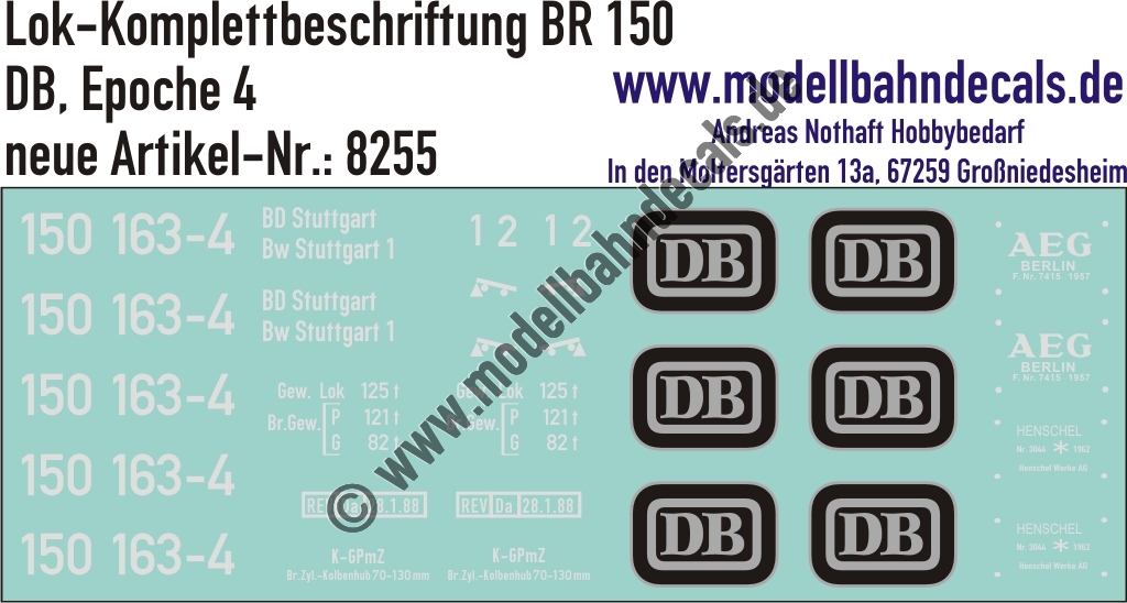 "Nass-Schiebebilder: Lok-Komplettbeschriftung BR 150, DB, Epoche 4. Artikel-Nummer: 8255"