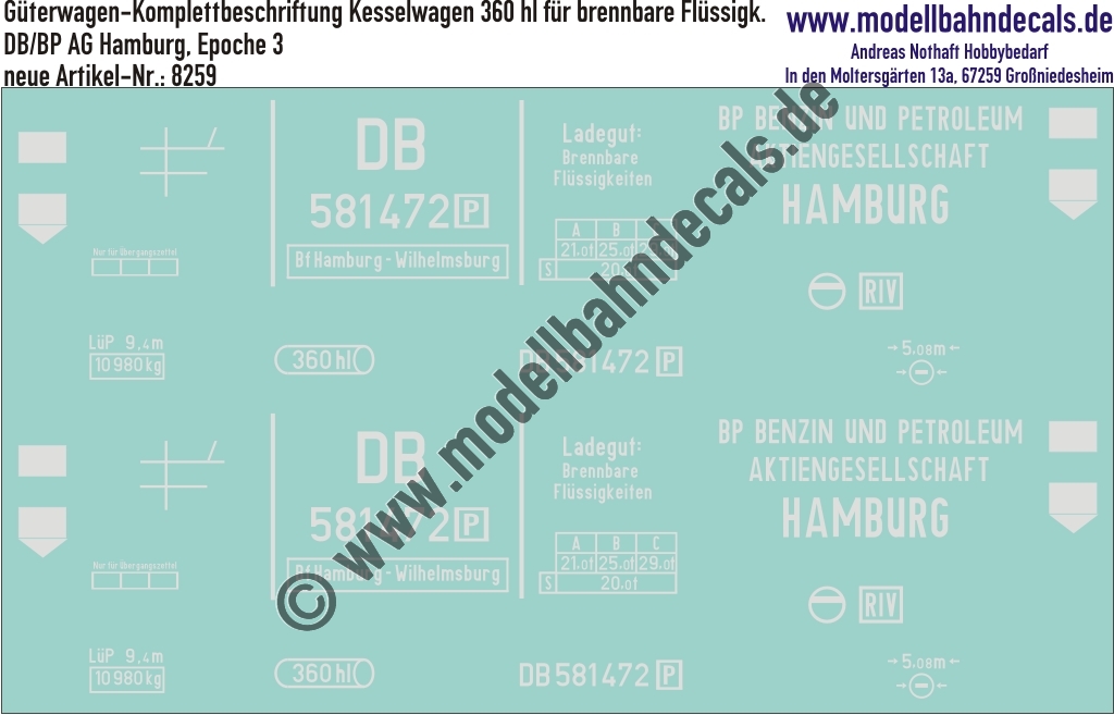 "Nass-Schiebebilder: Güterwagen-Komplettbeschriftung Kesselwagen 360 hl, DB/BP AG Hamburg, Epoche 3. Artikel-Nummer: 8259"