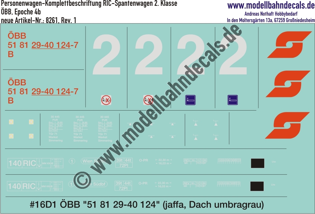 "Nass-Schiebebilder: Komplettbeschriftung für einen RIC-Spantenwagen 2. Klasse der ÖBB, Epoche IVb. Artikel-Nummer: 8261"