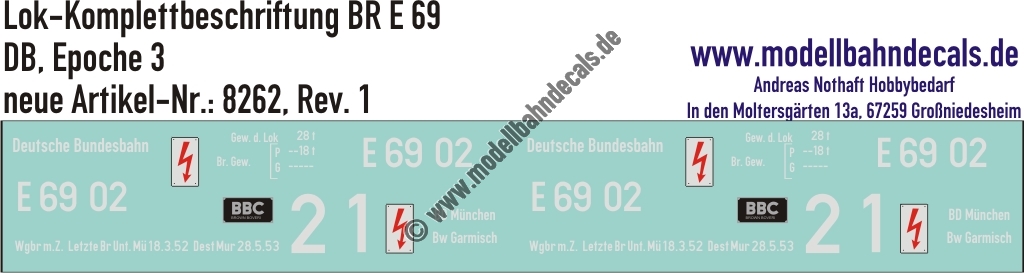 "Nass-Schiebebilder: Lok-Komplettbeschriftung BR E 69, DB, Epoche 3. Artikel-Nummer: 8262"