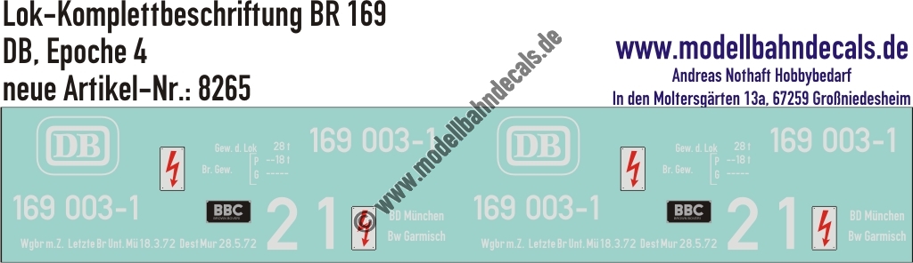 "Nass-Schiebebilder: Lok-Komplettbeschriftung BR 169, DB, Epoche 4. Artikel-Nummer: 8265"
