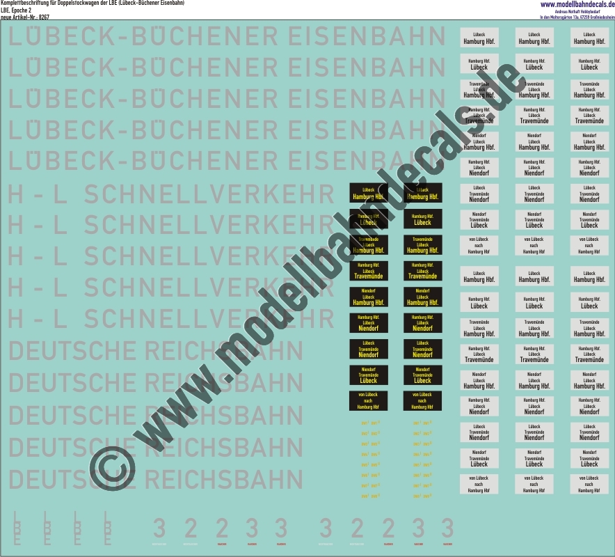"Nass-Schiebebilder: Komplettbeschriftung für Doppelstockwagen der LBE (Lübeck-Büchener Eisenbahn), Epoche 2. Artikel-Nummer: 8267"