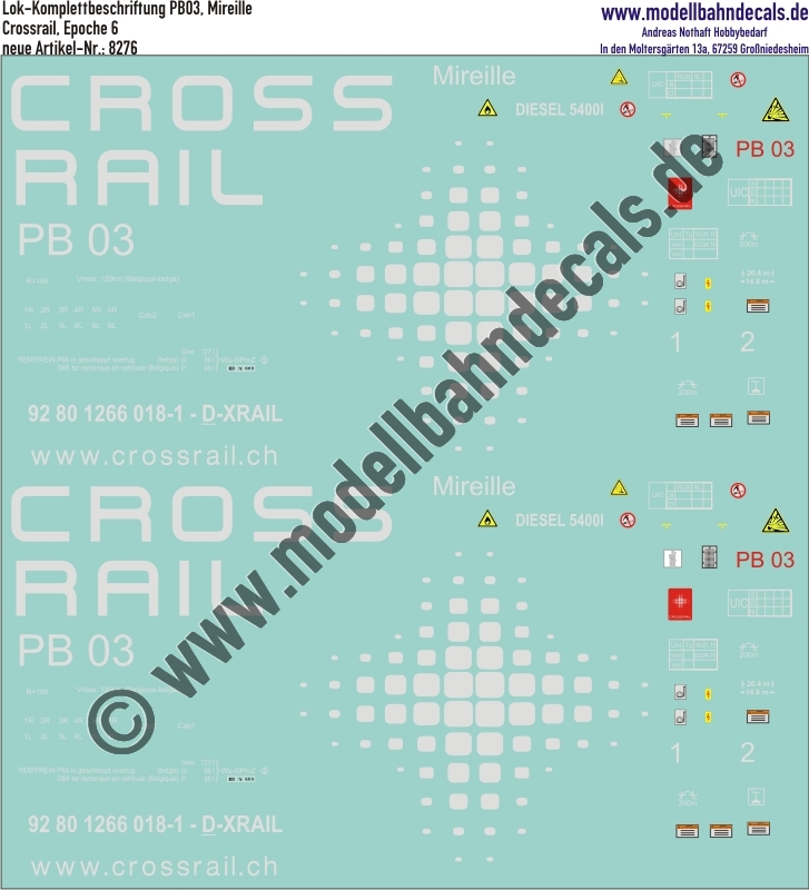 "Nass-Schiebebilder: Lok-Komplettbeschriftung PB03, Mireille, Crossrail, Epoche 6. Artikel-Nummer: 8276"