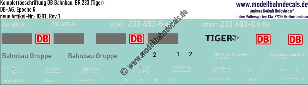 "Nass-Schiebebilder: Lok-Komplettbeschriftung BR 233 (Tiger), DB-Bahnbau, Epoche 6. Artikel-Nummer: 8281"
