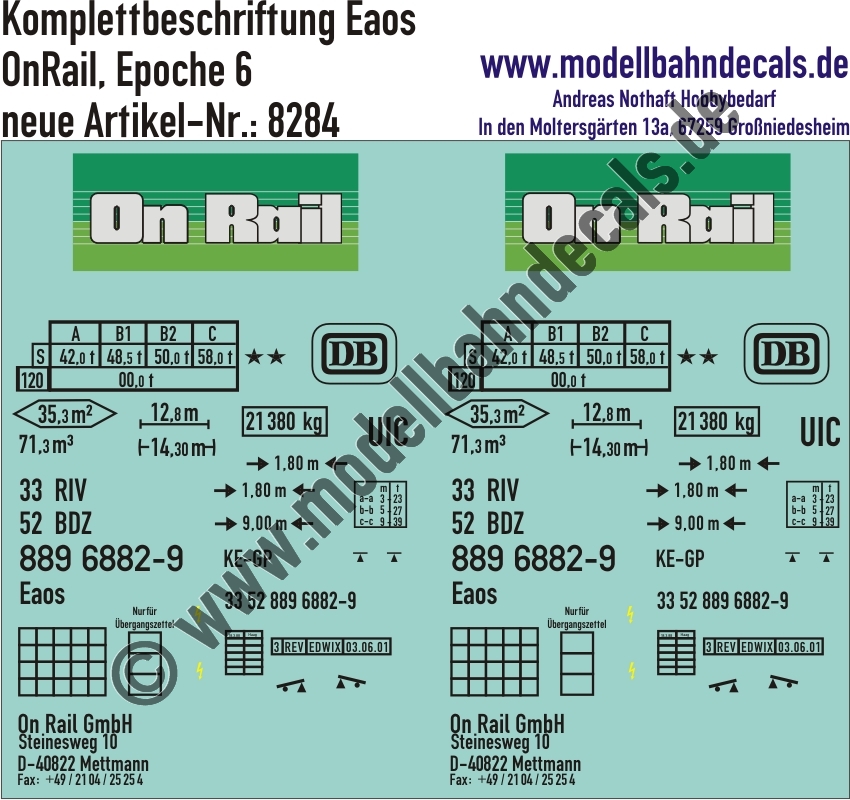 "Nass-Schiebebilder: Güterwagen-Komplettbeschriftung Eaos, OnRail, Epoche 5-6. Artikel-Nummer: 8284"