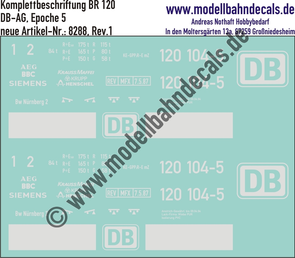 "Nass-Schiebebilder: Lok-Komplettbeschriftung BR 120, DB, Epoche 5 (mit Kontrastfläche). Artikel-Nummer: 8288"