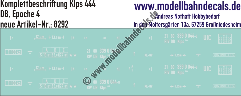 "Nass-Schiebebilder: Güterwagen-Komplettbeschriftung Klps 444, DB, Epoche 4. Artikel-Nummer: 8292"