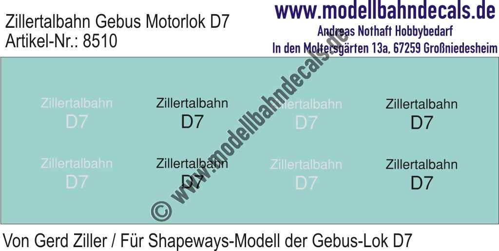 Nass-Schiebebilder: Zillertalbahn: Gebus Motorlok D 7 Weiss und Schwarz (Shapeways-Modelle Gerd Ziller). Artikel-Nummer: 8510