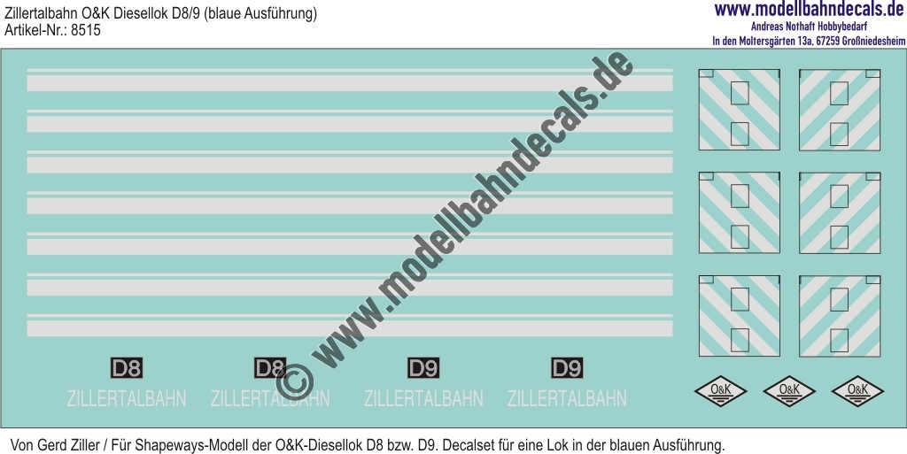 Nass-Schiebebilder: Zillertalbahn: O&K Diesellok D8/9 (Blaue Ausführung) Weiss und Schwarz (Shapeways-Modelle Gerd Ziller). Artikel-Nummer: 8515