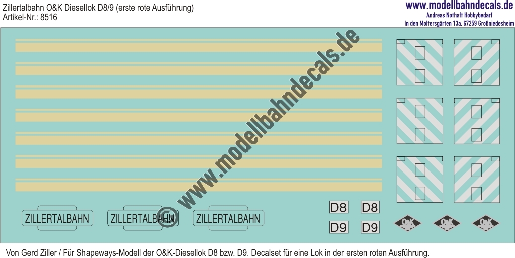 "Nass-Schiebebilder: Zillertalbahn: O&K Diesellok D8/9 (erste Rote Ausführung) Hellelfenbein, Weiss und Schwarz (Shapeways-Modelle Gerd Ziller). Artikel-Nummer: 8516"