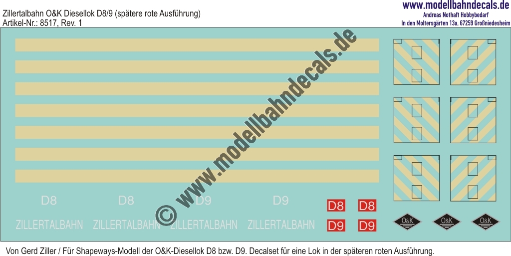 "Nass-Schiebebilder: Zillertalbahn: O&K Diesellok D8/9 (spätere Rote Ausführung) Hellelfenbein, Weiss und Schwarz (Shapeways-Modelle Gerd Ziller). Artikel-Nummer: 8517"