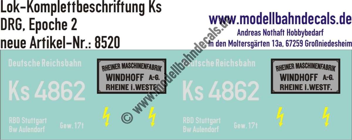 Nass-Schiebebilder: Komplettbeschriftung für eine Ks (Akku-Köf) der DRG mit Herstellerschilder "Windhoff". Artikel-Nummer: 8520
