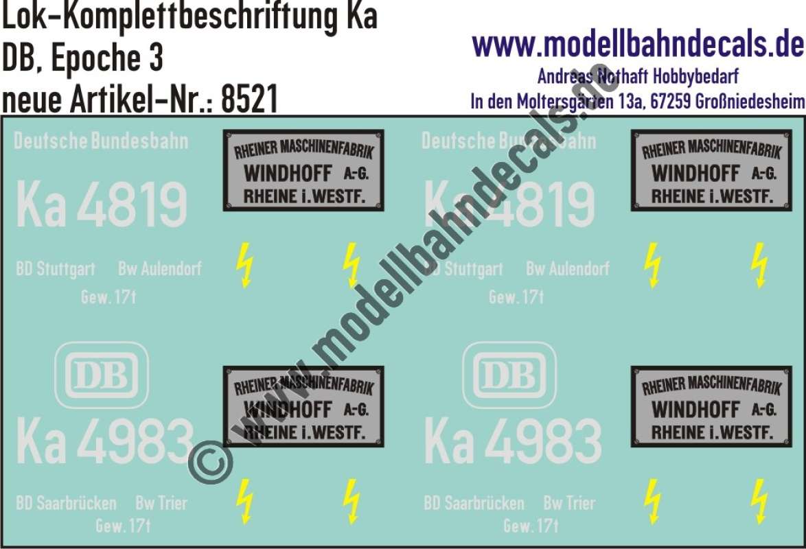 Nass-Schiebebilder: Komplettbeschriftung für eine Ka (Akku-Köf) der DB mit Herstellerschilder "Windhoff" mit Schriftzug und DB-Keks. Artikel-Nummer: 8521