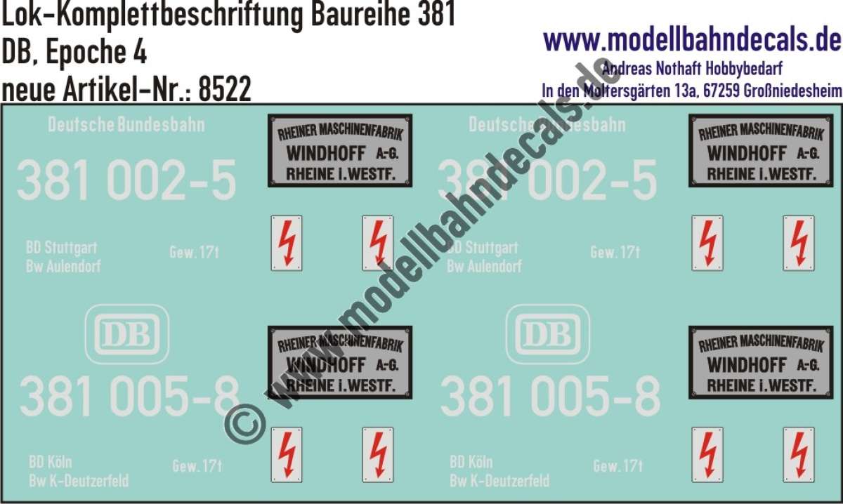Nass-Schiebebilder: Komplettbeschriftung für eine Baureihe 381 (Akku-Köf) der DB mit Herstellerschilder "Windhoff" mit Schriftzug und DB-Keks. Artikel-Nummer: 8522