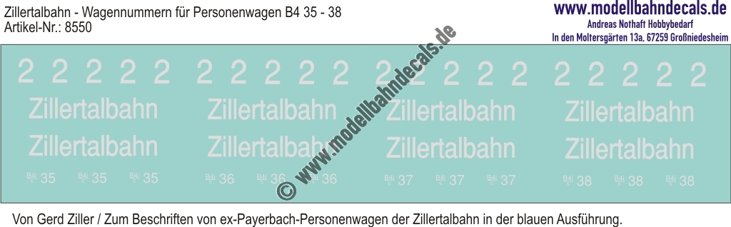 "Nass-Schiebebilder: Zillertalbahn: Wagennummern für Personenwagen B4 35 - 38, Weiss (Shapeways-Modelle Gerd Ziller). Artikel-Nummer: 8550"