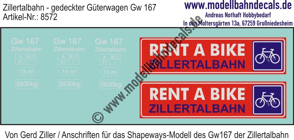 "Nass-Schiebebilder: Zillertalbahn: Anschriften für gedeckten Güterwagen Gw 167 der Zillertalbahn, Weiss (Shapeways-Modelle Gerd Ziller). Artikel-Nummer: 8572"