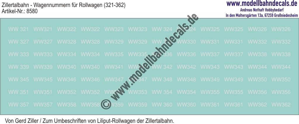 "Nass-Schiebebilder: Zillertalbahn: Wagennummern für Rollwagen (321-362) der Zillertalbahn, Weiss (Shapeways-Modelle Gerd Ziller). Artikel-Nummer: 8580"