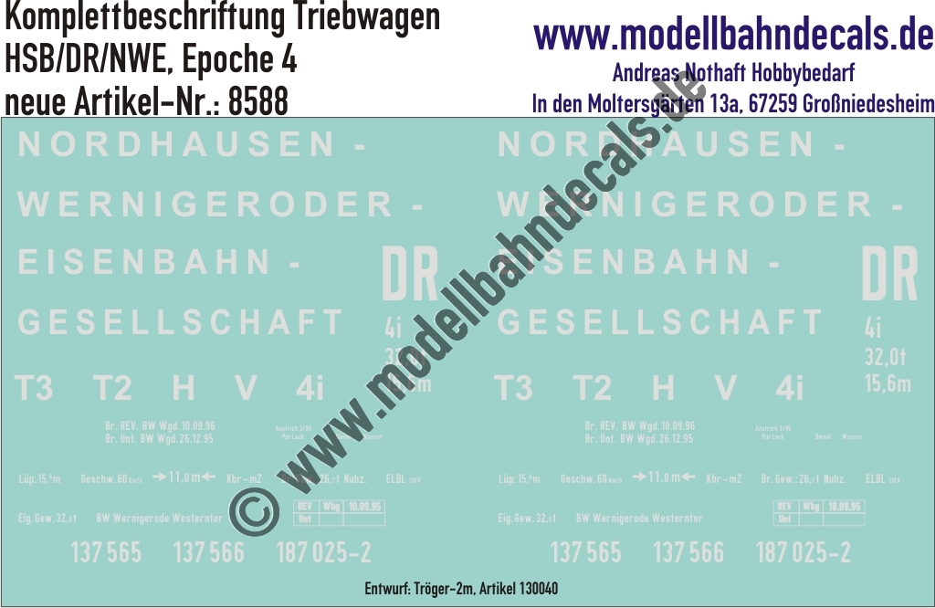 Nass-Schiebebilder: Harzer Schmalspurbahn (HSB): Personenwagen-Komplettbeschriftung Triebwagen (auch NWE und DR). Artikel-Nummer: 8588