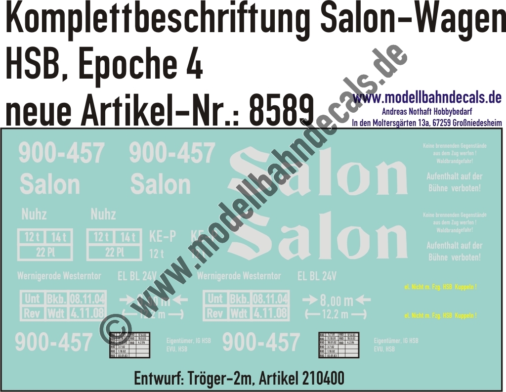 Nass-Schiebebilder: Harzer Schmalspurbahn (HSB): Personenwagen-Komplettbeschriftung Salon-Wagen. Artikel-Nummer: 8589
