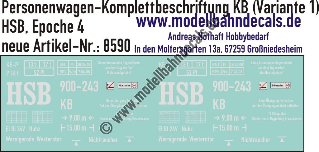 Nass-Schiebebilder: Harzer Schmalspurbahn (HSB): Personenwagen-Komplettbeschriftung KB (Variante 1). Artikel-Nummer: 8590