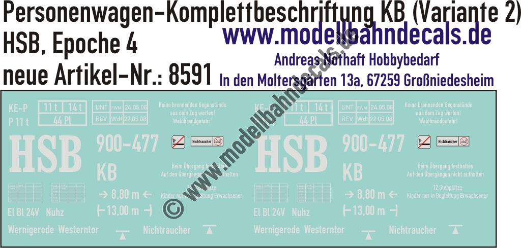 Nass-Schiebebilder: Harzer Schmalspurbahn (HSB): Personenwagen-Komplettbeschriftung KB (Variante 2). Artikel-Nummer: 8591