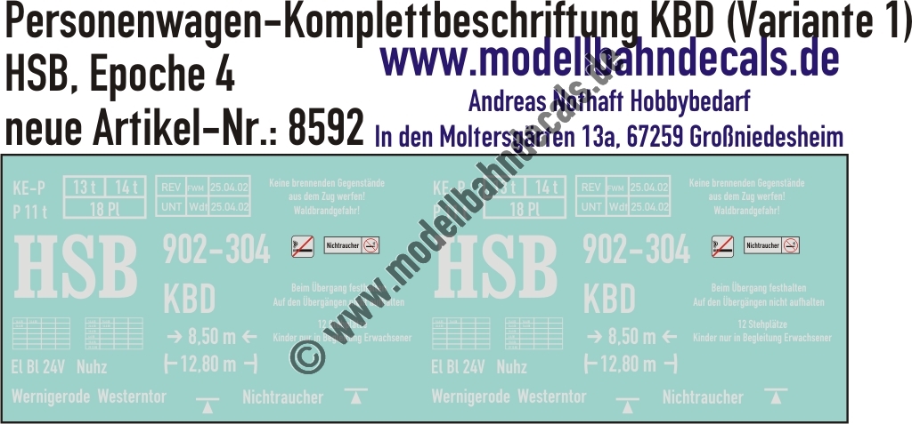 Nass-Schiebebilder: Harzer Schmalspurbahn (HSB): Personenwagen-Komplettbeschriftung KBD (Variante 1). Artikel-Nummer: 8592