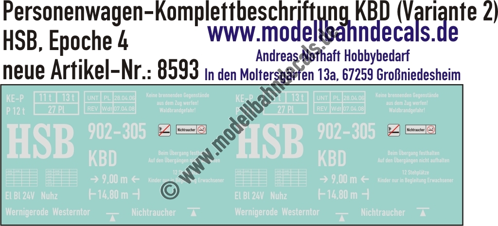 Nass-Schiebebilder: Harzer Schmalspurbahn (HSB): Personenwagen-Komplettbeschriftung KBD (Variante 2). Artikel-Nummer: 8593