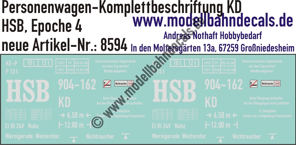 Nass-Schiebebilder: Harzer Schmalspurbahn (HSB): Personenwagen-Komplettbeschriftung KD. Artikel-Nummer: 8594