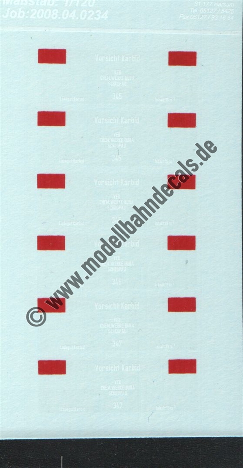 "Nass-Schiebebilder: Sonderangebot Spur TT: 3 Sets für Karbid-Wagen VEB Chemische Werke Buna, Schkopau, Wagennummern 345-347 Artikel-Nummer: 8642"