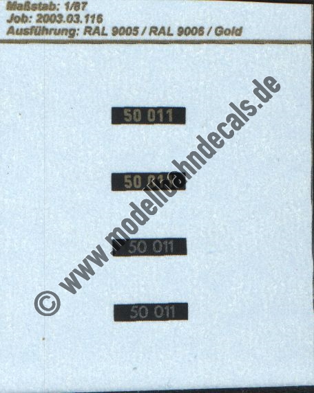 "Nass-Schiebebilder: Sonderangebot Spur H0: Loknummern 50011, 2 davon preussische Ziffern in Gold auf Schwarz, 2 davon Spitzziffern in Silber auf Schwarz Artikel-Nummer: 8685"