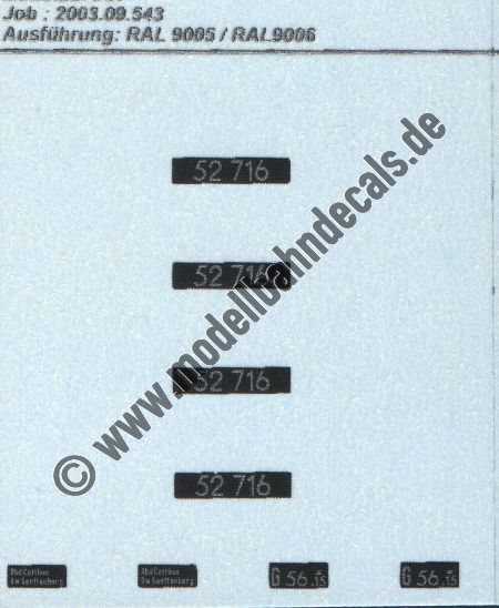 "Nass-Schiebebilder: Sonderangebot Spur H0: Loknummern 52 716, Spitzziffern, Silber auf Schwarz, + 2 Beheimatungsanschriften Rbd Cottbus, Bw Senftenberg + 2 Gattungsschilder G56.15 Artikel-Nummer: 8705"
