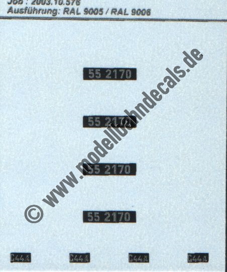 "Nass-Schiebebilder: Sonderangebot Spur H0: Loknummern 55 2170, preussische Ziffern, Silber auf Schwarz, + 4 Gattungsschilder G 44.14 Artikel-Nummer: 8712"