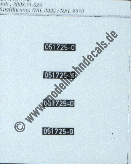 "Nass-Schiebebilder: Sonderangebot Spur H0: Loknummern 051 725-0, DIN-Normschrift, Weiss auf Schwarz Artikel-Nummer: 8720"