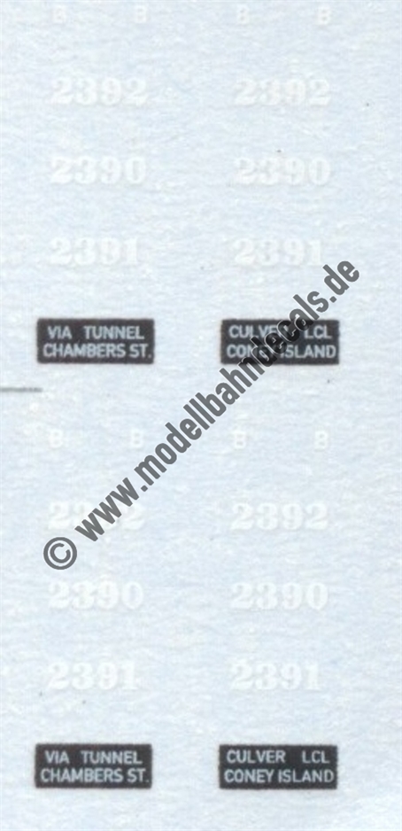 "Nass-Schiebebilder: Sonderangebot Spur H0: 2 Stück Beschriftung US-Triebwagen BMT Culver Line - 2390-2392, Via Tunnel, Culver LCL, Coney Island Artikel-Nummer: 8729"