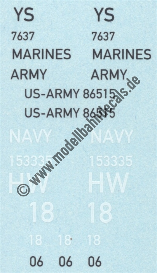 "Nass-Schiebebilder: Sonderangebot Spur ?: Diverse Anschriften US-Army, Marines, Navy (Schwarz/Weiss), Massstab? MARINES ist ca. 17 mm lang. Artikel-Nummer: 8739"