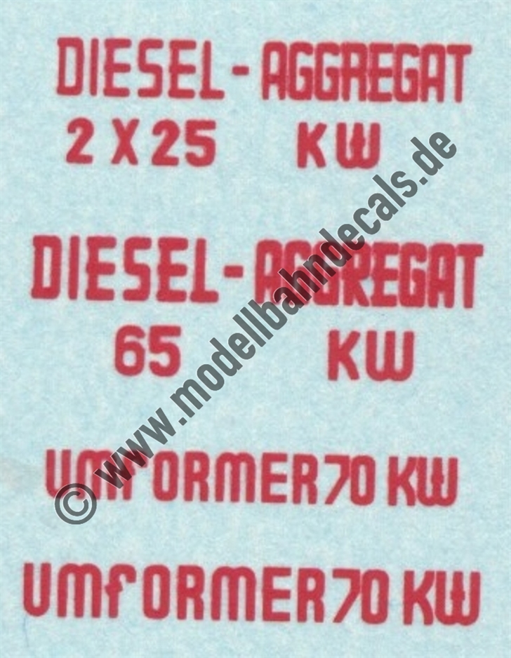 "Nass-Schiebebilder: Sonderangebot Spur H0: Diverse Anschriften 'Diesel-Aggregat, Umformer' - Rot auf Klar Artikel-Nummer: 8740"