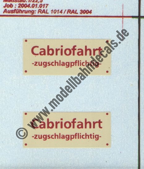 "Nass-Schiebebilder: Sonderangebot Spur G: Personenwagen-Zusatzschilder Cabriofahrt - zuschlagspflichtig, Rot auf Cremefarben - vermutlich von der HSB Artikel-Nummer: 8875"