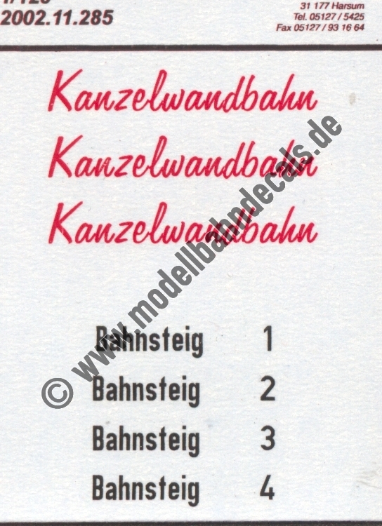Nass-Schiebebilder: Sonderangebot Spur TT:Kanzelwandbahn rot bzw. Bahnsteige Schwarz Artikel-Nummer: 8900