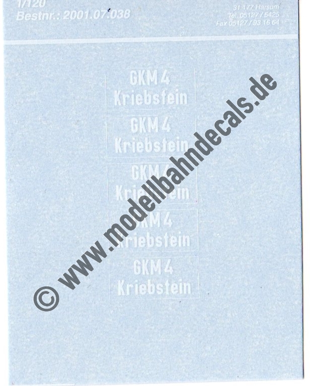 "Nass-Schiebebilder: Sonderangebot Spur TT: 5 Lokanschriften GKM4, Kriebstein, Weiss Artikel-Nummer: 8930"