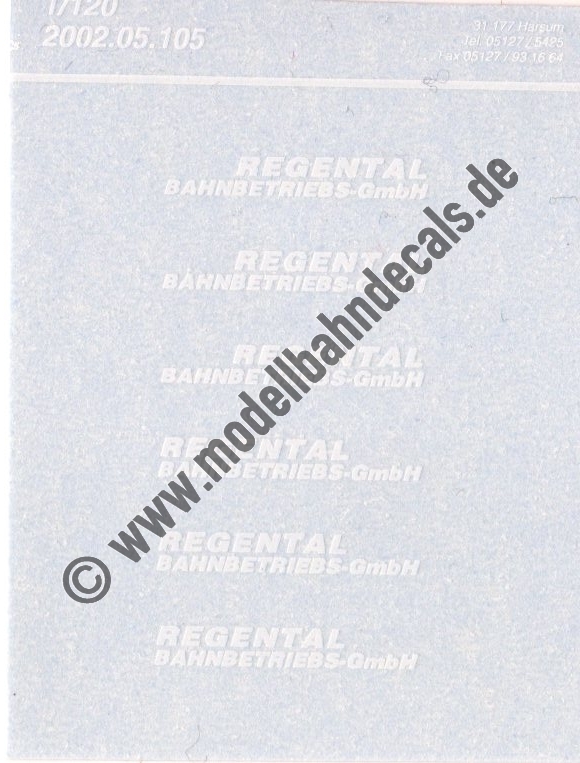 "Nass-Schiebebilder: Sonderangebot Spur TT: Regental Bahnbetriebs GmbH, 3 rechtsbündig, 3 linksbündig, Weiss Artikel-Nummer: 8933"