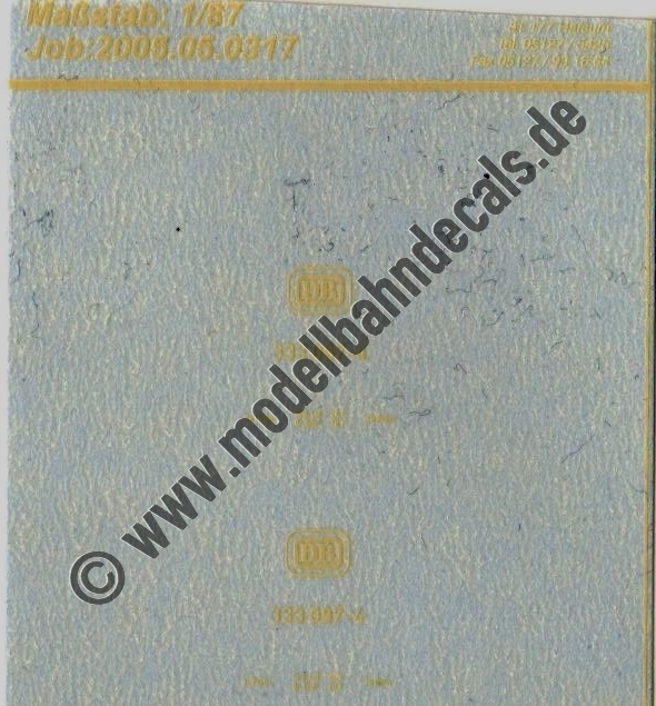 "Nass-Schiebebilder: Sonderangebot Spur H0: Lok-Komplettbeschriftung 333 097-4, Elfenbein Artikel-Nummer: 8939"